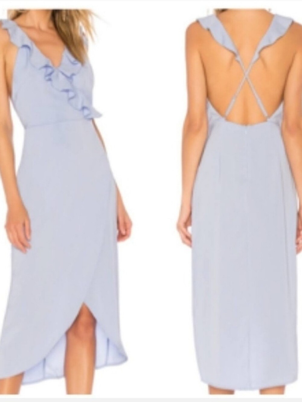 Superdown dress Small light blue sleeveless ruffle neck cross back tulip skirt